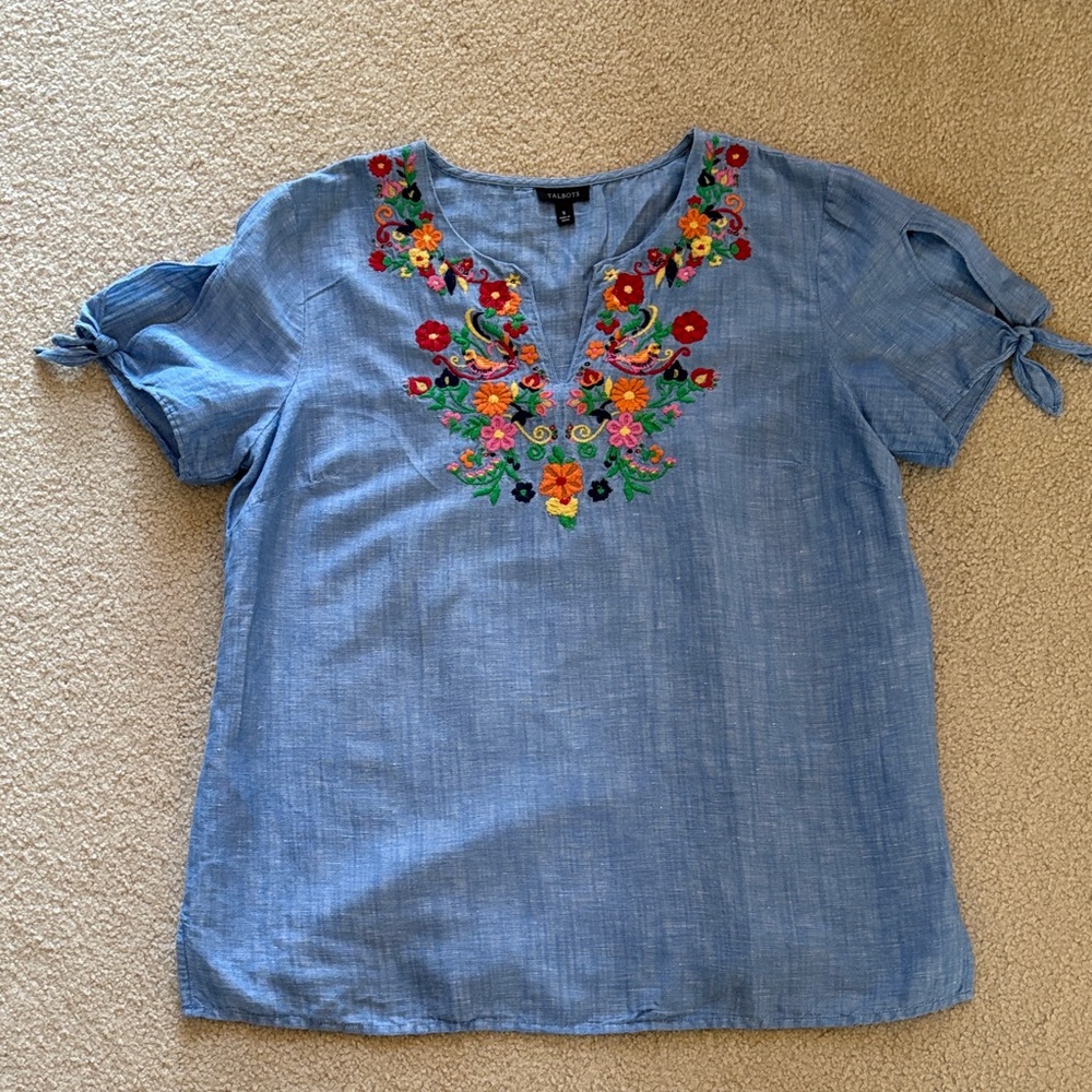 Talbots Blue Blouse with Colorful Embroidery